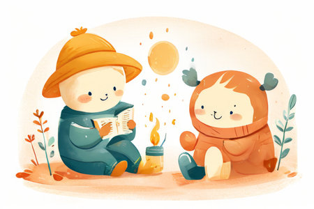Cute children reading a book in the autumn park. Vector illustration.の素材