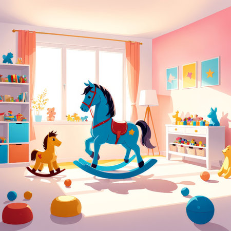 Sparkling Brightness A Childs Dream Room Decorated with Blue, Red, Yellow, Orange Toys, Books, Pink Walls, Framed Artwork, and Coral Curtainsの素材