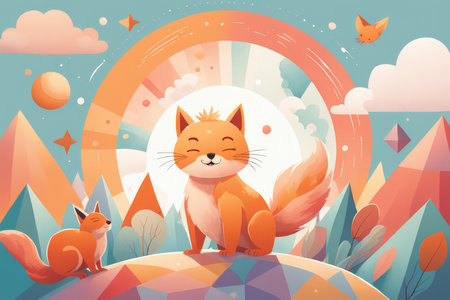 Cute fox on the top of the mountain. Vector illustration.の素材