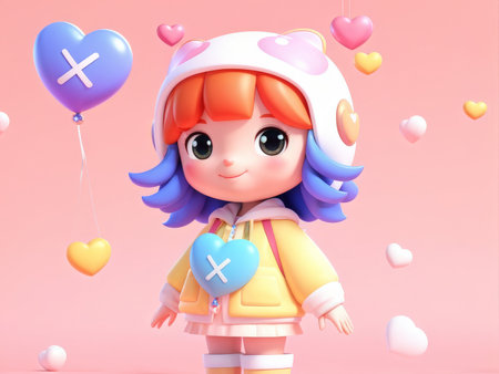 Joyful Animation Girl with CatEared Hat and Heart Balloons A Digital Illustration Capturing Radiant Colorful Elementsの素材