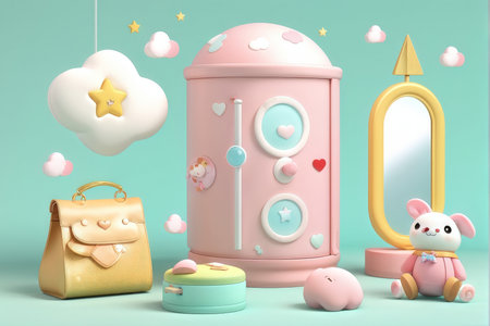 Cute PastelCovered Objects A Visual Delight Featuring Stars, Hearts, Clouds, and Shapes in Various Designsの素材