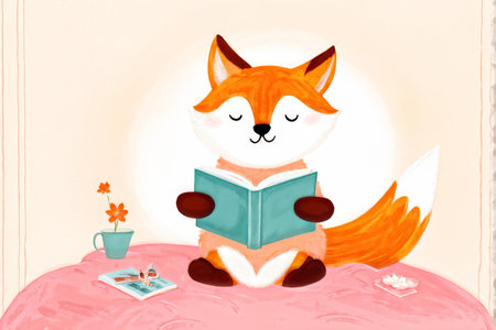 Peaceful Harmony An Intricate Digital Illustration of an Orange Fox Reading from Books amidst Flowers and Lotus Buds in Pastel Peach Huesの素材