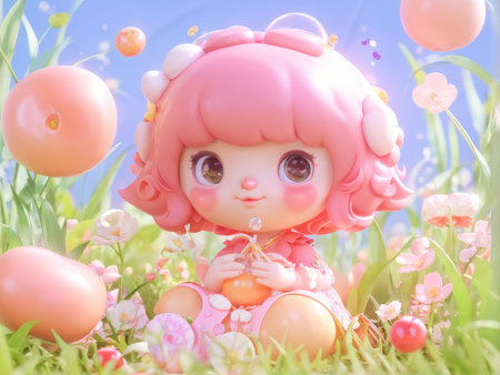 Adorably AnimeFriendly Girl Gazing Directly At Viewer Amidst Vibrant Fruit and Floral Ambianceの素材