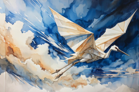 Watercolor painting of a crane flying in the blue sky with cloudsの素材