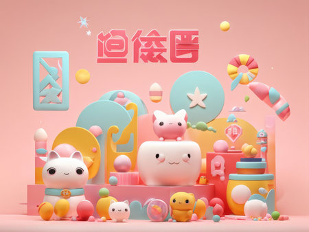 Adorable Dental Adventure A PastelPink Dreamland Poster Featuring Kawaii Characters and Playful Balloons Around Pink and Blue Shapesの素材