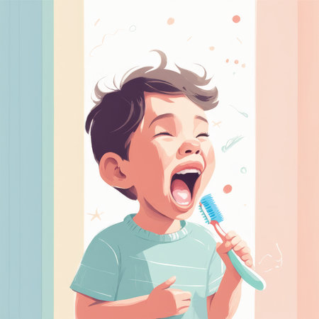 Joyful Singing Cartoon Child Puts On Blue Toothbrush Adventure Bubbles and Stars Decorate Perfect Bathroom Sceneの素材