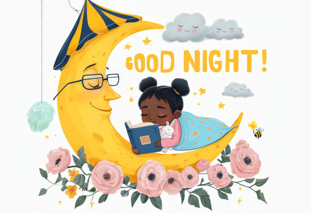 Sweet Dreams A Gilded Illustration of a Girl Napping Amidst Floral Delights, Celestial Beings, and Starry Nights Serenityの素材