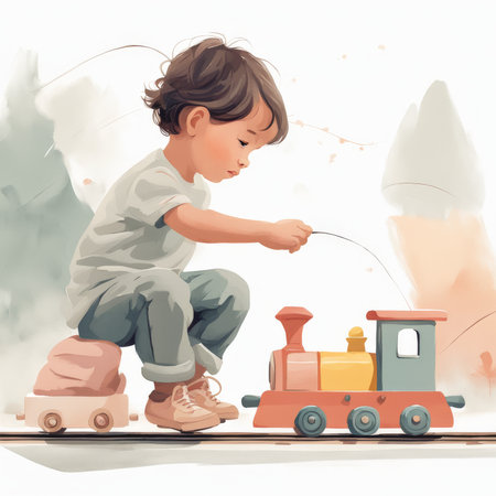 Childs Play A Red and Yellow Train Set Adventure Over Muted Tracksの素材