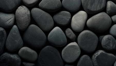 black and white smooth pebble stone background, top view.の素材
