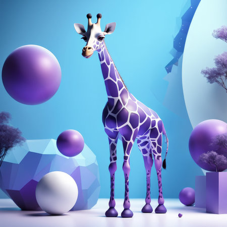 Enchanted Abstract Garden The Serene Presence of a Purple Giraffe Amidst Geometrically Inspired Blue Spheres and Shimmering Purple Patternsの素材