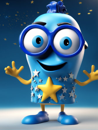 Vintage Blue Animated Character With Glasses, Stars, And Yellow Handprint Background Unreferenced Nes Logoの素材