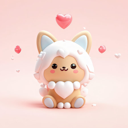 Fluffy Hearted Feline A Fantastical Portrait of Pink and Whiteの素材