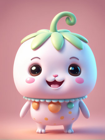 Joyful Tomato with Big Eyes Wearing Green Hat Grinning at Light Pink Backgroundの素材