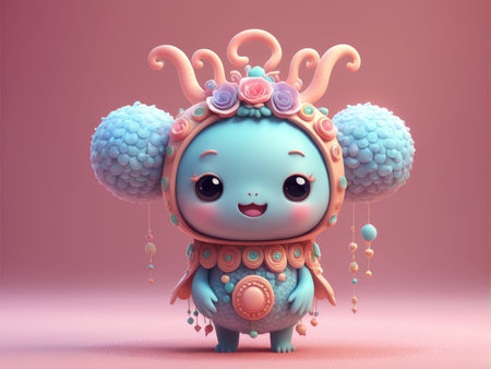 Adorable Digital Art Whimsy A Cuddly Blue Creature Wearing Colorful Decorative Clothing and Holding a CoinLike Object Against a Soft Pink Backgroundの素材