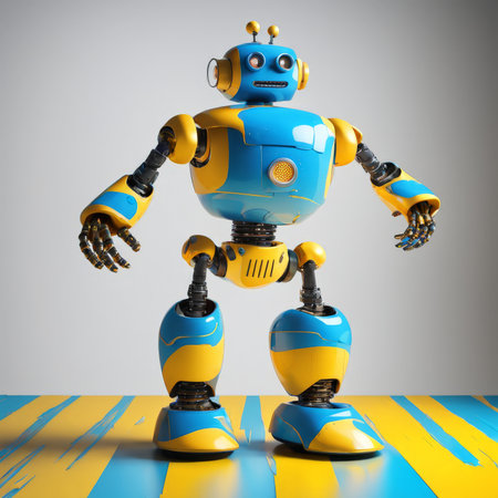 Dynamic Duo An Intimate Portrait of a TwoToned Blue Robot Interacting Against a Muted Gray Backgroundの素材