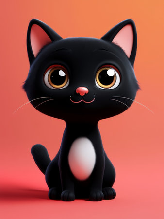 Radiant Cat A Vibrant Cartoon Black Cat With Golden Eyes and White Patches Dominating the Orange Backgroundの素材