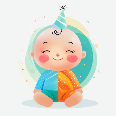 Colorful Babys Joyful Celebration An Animated Illustration Featuring Sparkling Party Hat and Abstract Elements for a Festive Moodの素材