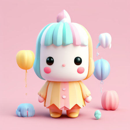 Adorable 3D Rendered Character with Pastel Features Amongst Floating Balloons Against a Pink Background Cute Dress Outfit with Large Eyes and Blush Cheeksの素材