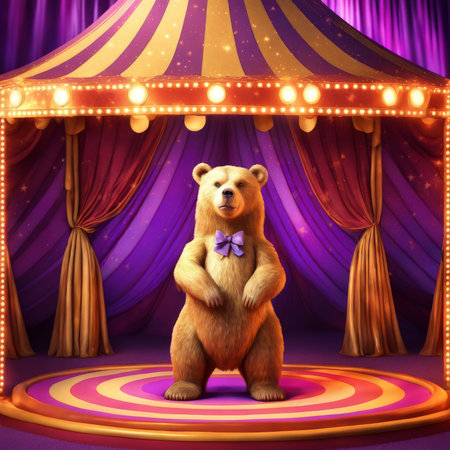 Costumed Bear Takes Center Stage Under Illuminated Tent During Nighttime Showの素材