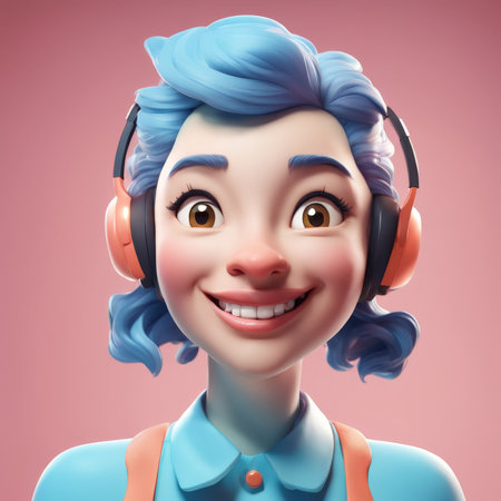 Iconic BlueHaired Artist Smiling Against Pink Background With Large Headphonesの素材