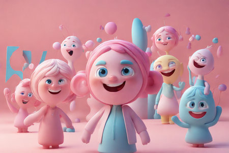 Joyful Animated Characters Gathered Around Pink Background Balloons and Cheerful Hands Expressing Emotionsの素材