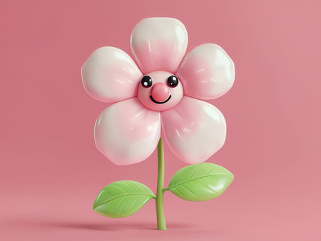 Stylish Pink Flower and Green Leaves Against Plain Background A Floral Artwork Detailの素材