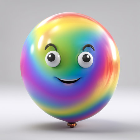 Sparkling Rainbow Balloon with Anthropomorphic Smile Playful Decorative Element for Festive Eventsの素材