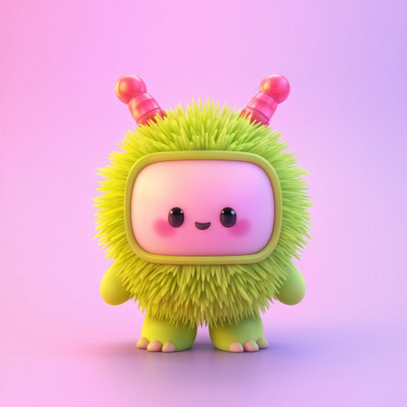 Animated Creature with Green Fur and Antennae in Television Backgroundの素材