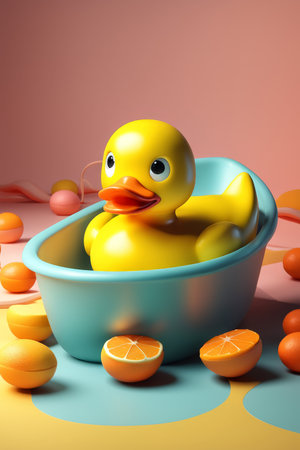 Vintage Rubber Duck Floating in Blue Tub with Vibrant Oranges and Pink Background A Vintage Summer Sceneの素材