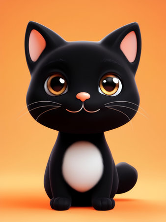 Adorable Black Kitten Illustration Strikingly Large Eyes, Orange Nose, Pink Ears Against Bright Orange Background Stylized Design Without Realistic Textures or Shadowsの素材