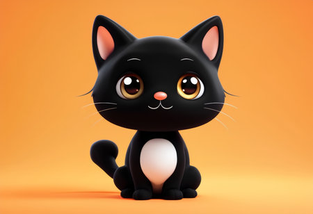Whimsical Cat Illustration A Vibrant Orange Background with a Bold Black Cartoon Cat Featuring Large Eyes, Pink Nose, Inner Ears, and Highlighted White Chest Areaの素材