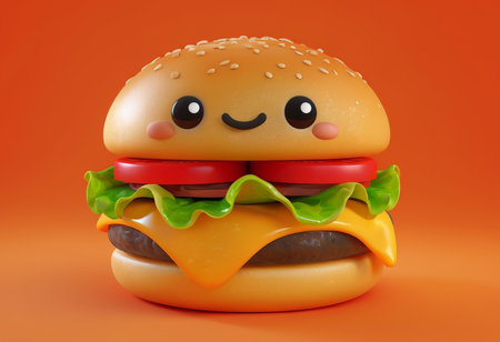 Cheesy Delight A ComputerGenerated Cartoon Burger Against an Orangy Backdropの素材