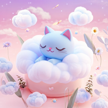 Serene Serenity A Dreamy Blue Cat Basks in Soft Pastel Clouds Amidst Ethereal Beautyの素材
