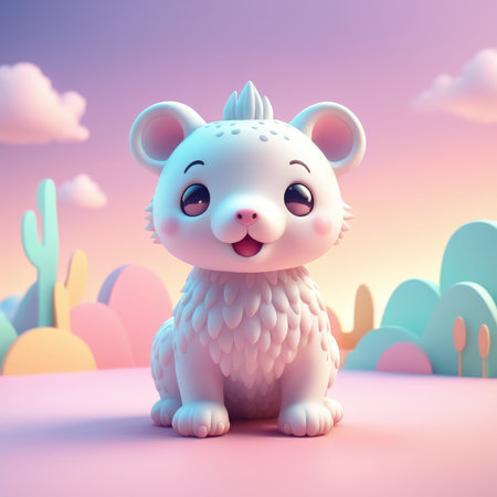Whimsical White Creature Against Soft Pastel Cactus and Cloud Background A Dreamy Nature Sceneの素材