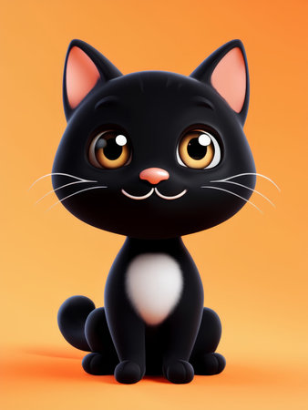 Joyful Feline Figurine An Anthropomorphic Black Cat with Golden Eyes, Pink Features, Whiskers, and White Belly Sitting Against an Orange Background in a Smiling Poseの素材