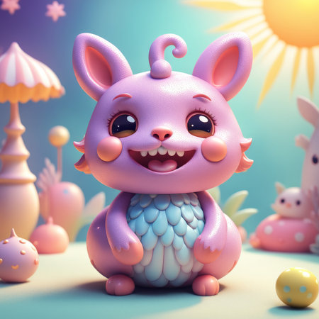 Radiant Pink Bunny Eared Creature Adorns Pastel Paradise Under Sunburst Sky Enchanted Starry Details Complete Fantastical Sceneの素材