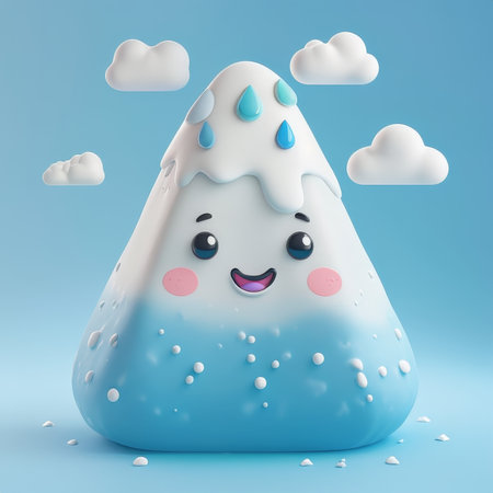 Amusingly Detailed Illustration An Ice Cream Cone Character with Eyes, Mouth, Tears, and Water Droplets Against a SkyBlue Background with Clouds and Spherical Particles Belowの素材