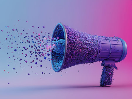 Sparkling Spheres Emission from Megaphone Against Soft Gradient Background Vibrant Digital Illustrationの素材
