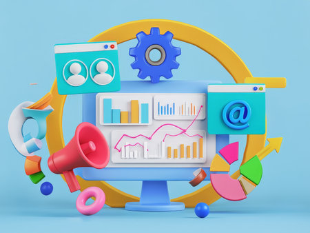 Dynamic TechThemed Illustration Featuring Colorful Digital Marketing Elements and Analytics Graphs Surrounding a Computer Screenの素材