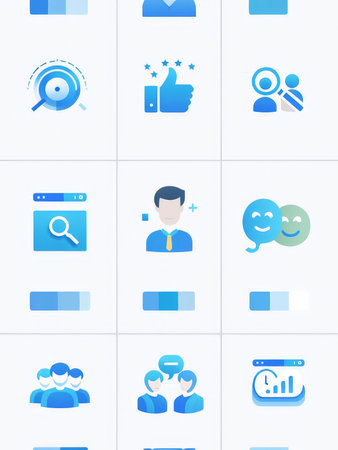 Business Applications Dashboard A Clean White Background Featuring Blue Icons and Grey Squares at Each Cornerの素材