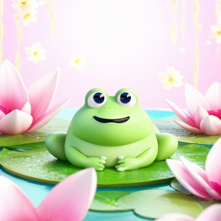Frog sitting on the lotus flower, 3d rendering.の素材