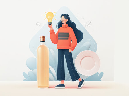 Vintage Artisan Lighting Scene A Woman Illuminates Her World with Abstract Shapes and Beverage Bottlesの素材