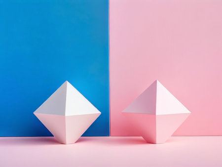 Modern Aesthetic Pyramid Compositions Against Vibrant Blue and Pink Backgroundsの素材