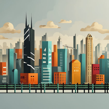 Urban Metamorphosis A Vibrant Illustration of Modern Cityscapes Dominated by Dark Teal Skyscrapers Amidst SoftCovered Skylineの素材