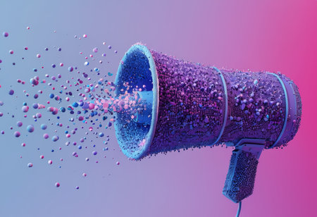 Dynamic Color Burst Megaphone Animation A Vibrant Digital Symphony Against a PinkBlue Gradientの素材
