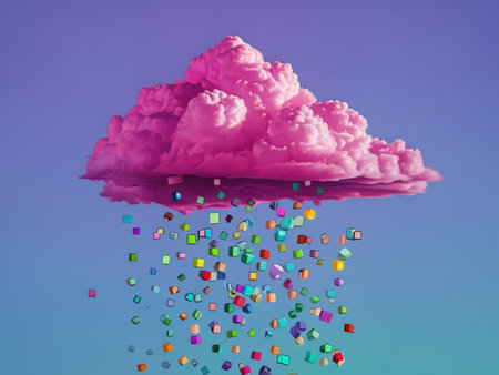 Multicolor Hues and Data Visualization Captivating Visual Symphony of Creative Clouds and Cubes in a Vibrant Blue Skyの素材