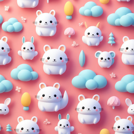 Seamless pattern with cute cartoon animals and clouds. Vector illustration.の素材