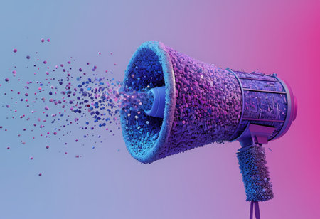 Visual Symphony Exploding Megaphone Emissions in Spherical BluePink Shades Against Gradually Transitioning Gradient Backgroundsの素材