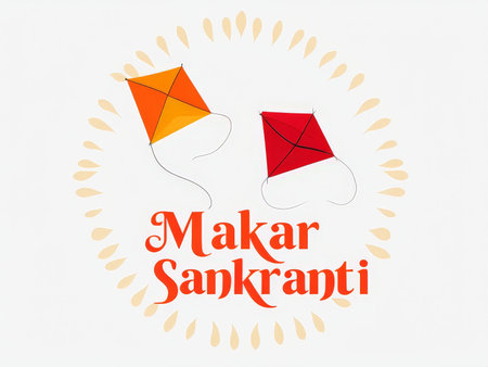 Makar Sankranti Festival Celebration Kite Flying Against a Majestic OrangeRed Backgroundの素材