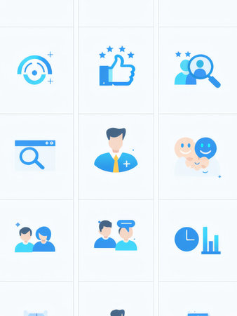 Blue Icon Collection Unveiling Teamwork, Analytics, and Feedback on White Backgroundsの素材